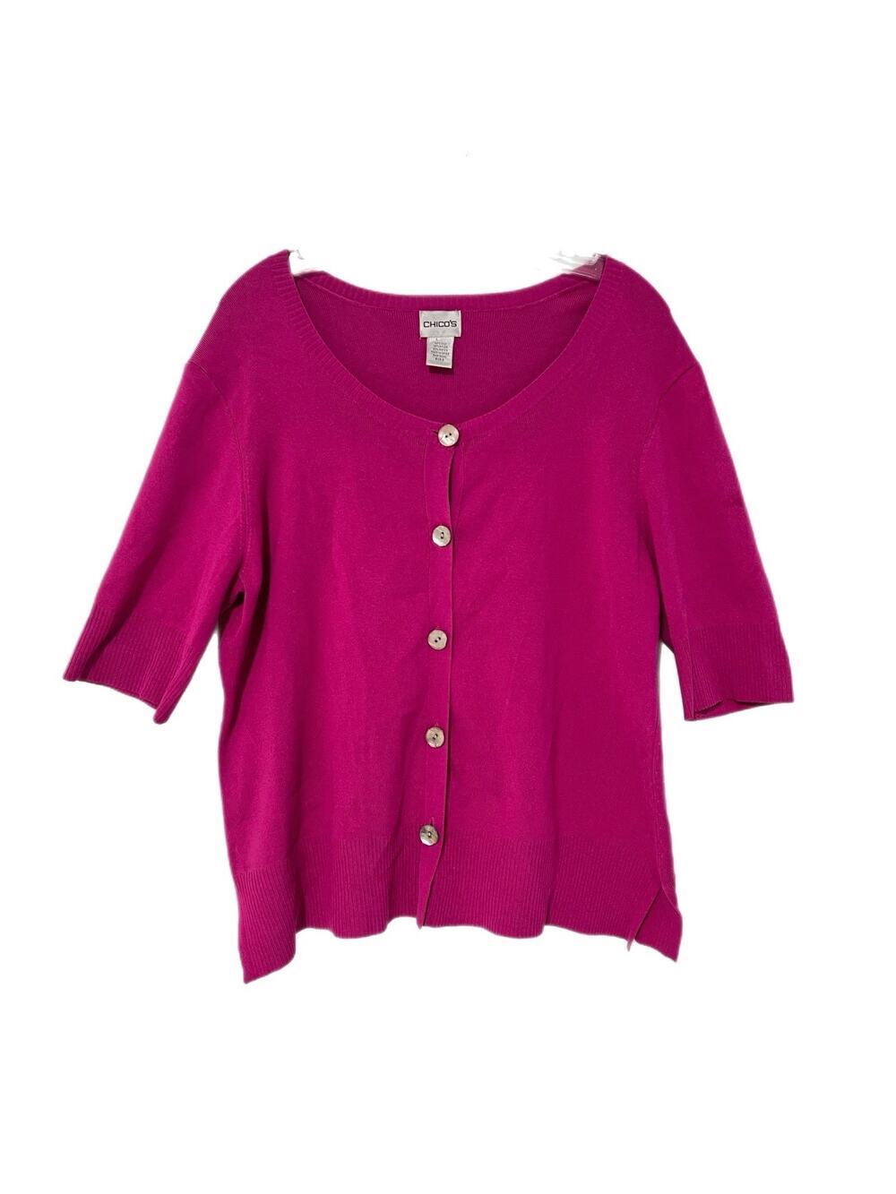 Chico’s Silk Blend Cardigan Short Sleeve Pink Sweater Size 3 US XL Career Luxe